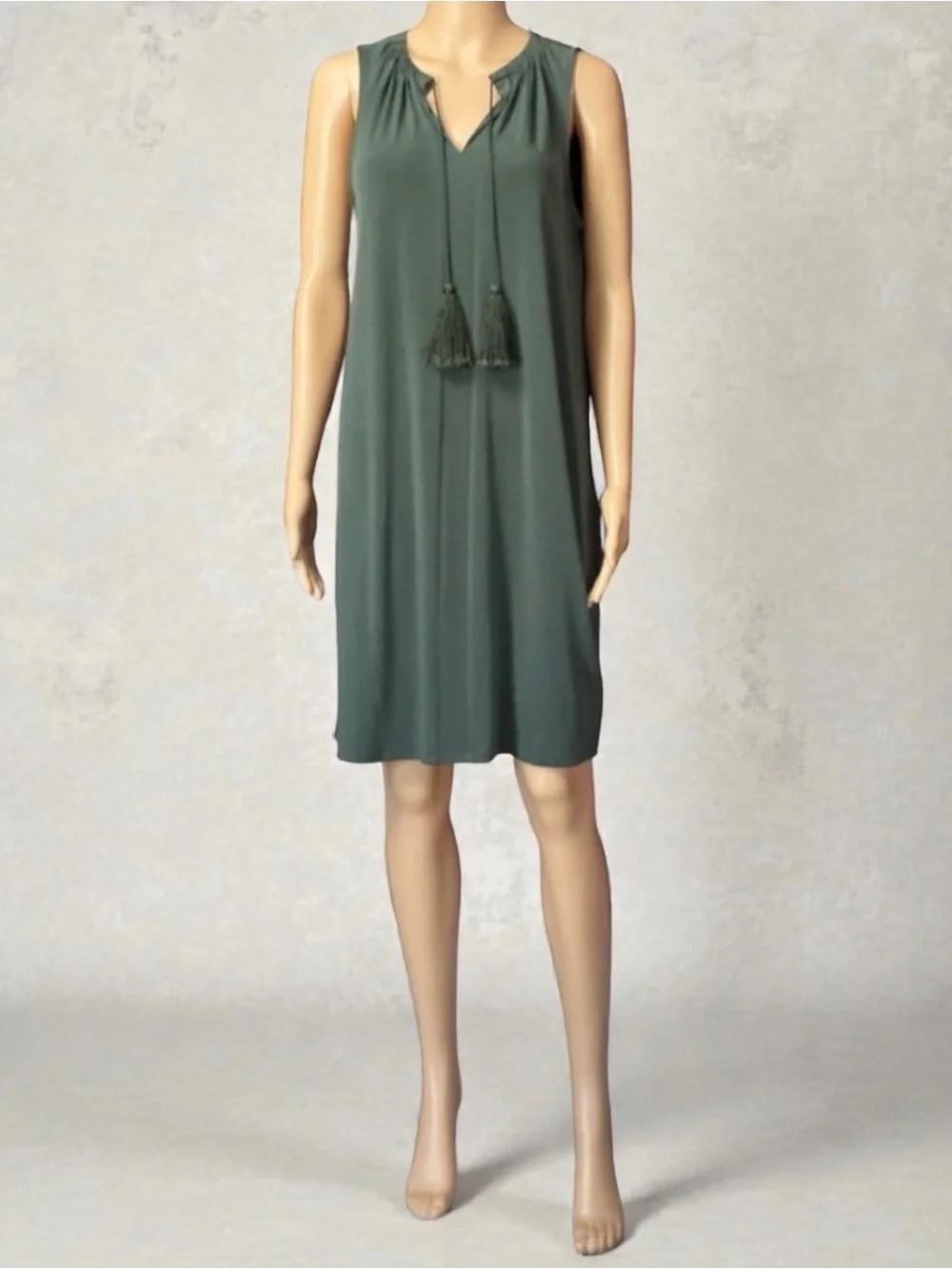 Michael Kors Olive Green Sleeveless V-Neck Dress with Tassel Tie